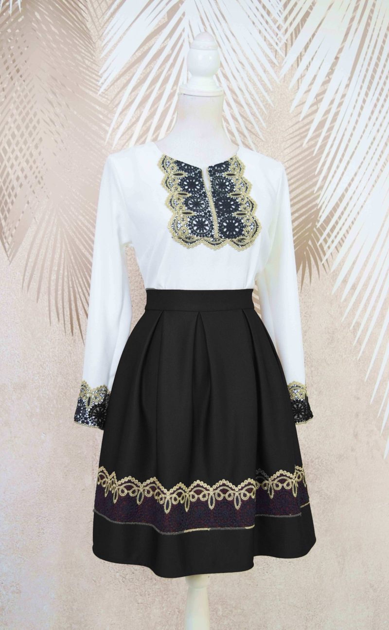 Fusta in pliuri neagra cu broderie Ania