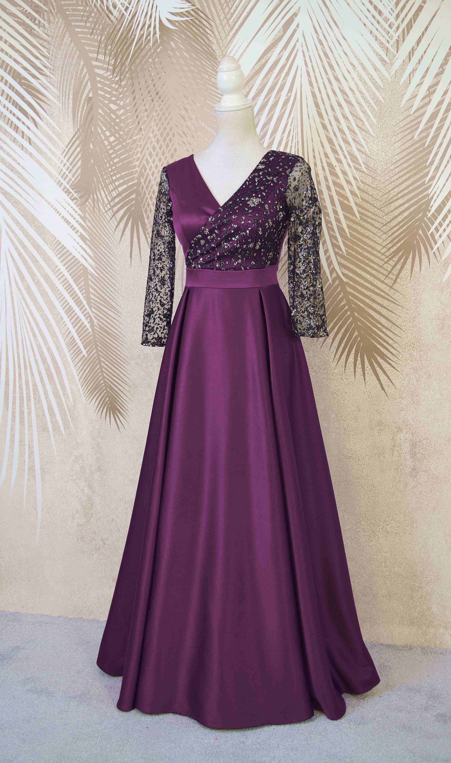 Rochie lunga din tafta mov cu tulle cu gliter Noelia