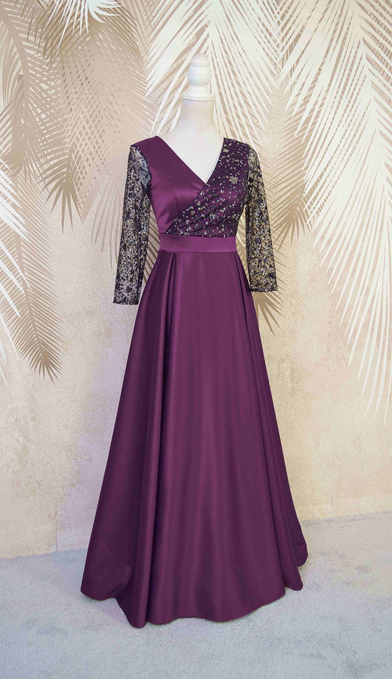 Rochie lunga din tafta mov cu tulle cu gliter Noelia