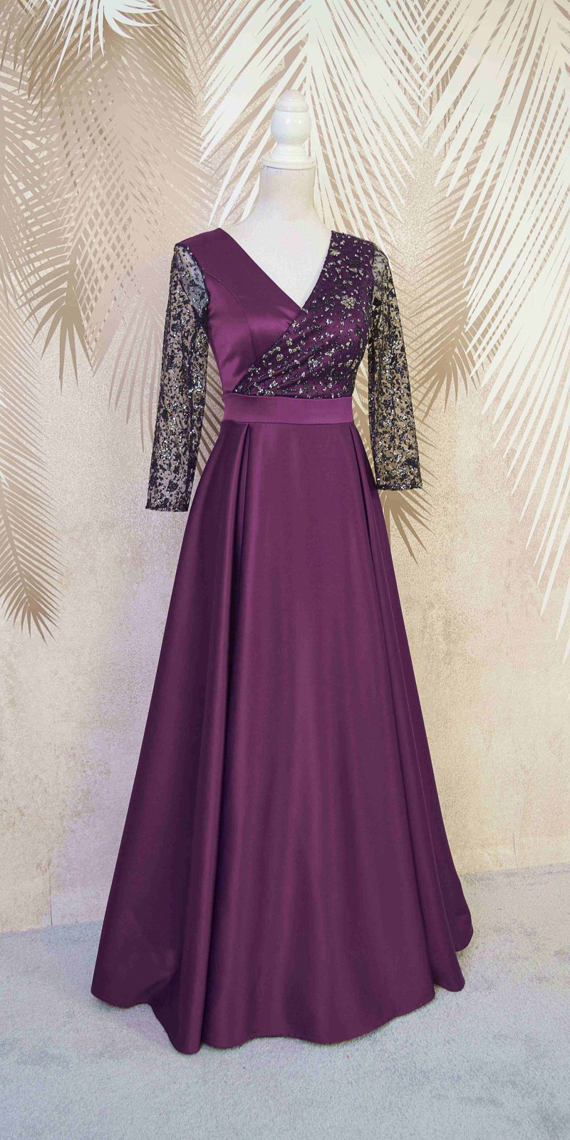 Rochie lunga din tafta mov cu tulle cu gliter Noelia