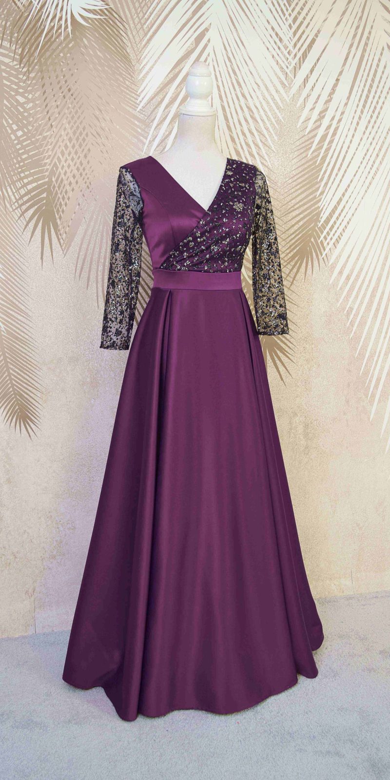 Rochie lunga din tafta mov cu tulle cu gliter Noelia