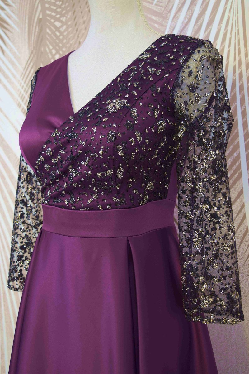 Rochie lunga din tafta mov cu tulle cu gliter Noelia