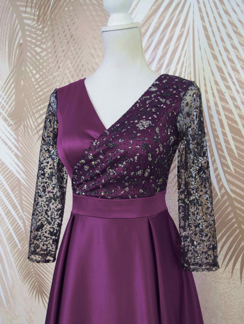 Rochie lunga din tafta mov cu tulle cu gliter Noelia