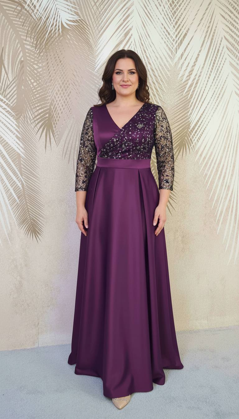 Rochie lunga din tafta mov-pruna cu tulle cu gliter Noelia