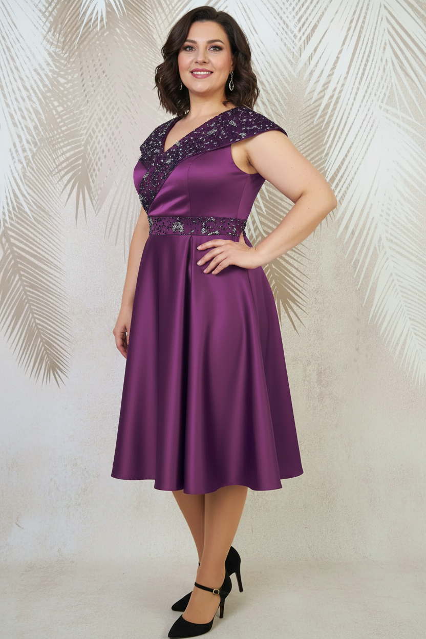 Rochie de ocazie mov-pruna din tafta si gliter Victoria