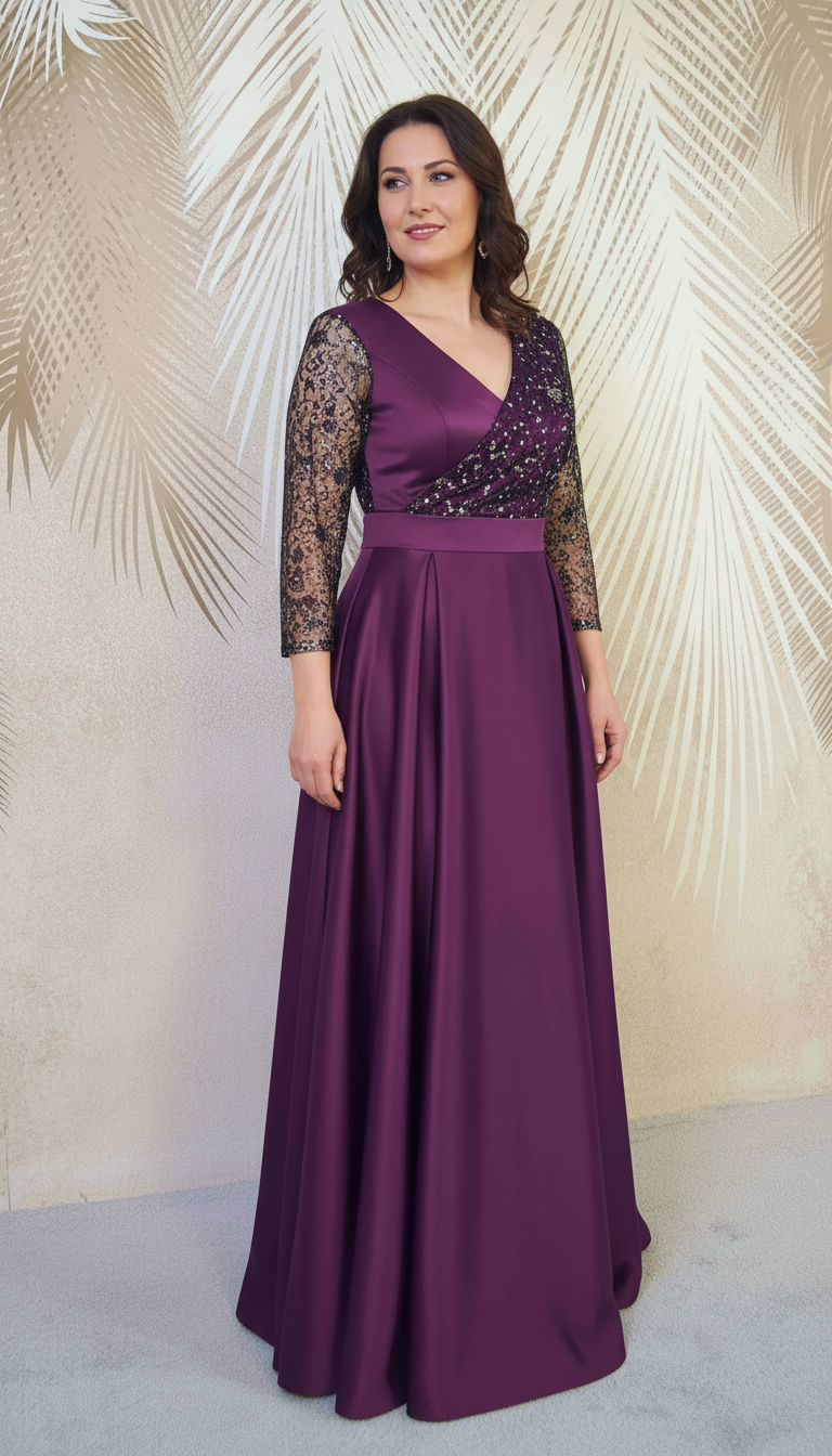 Rochie lunga din tafta mov-pruna cu tulle cu gliter Noelia