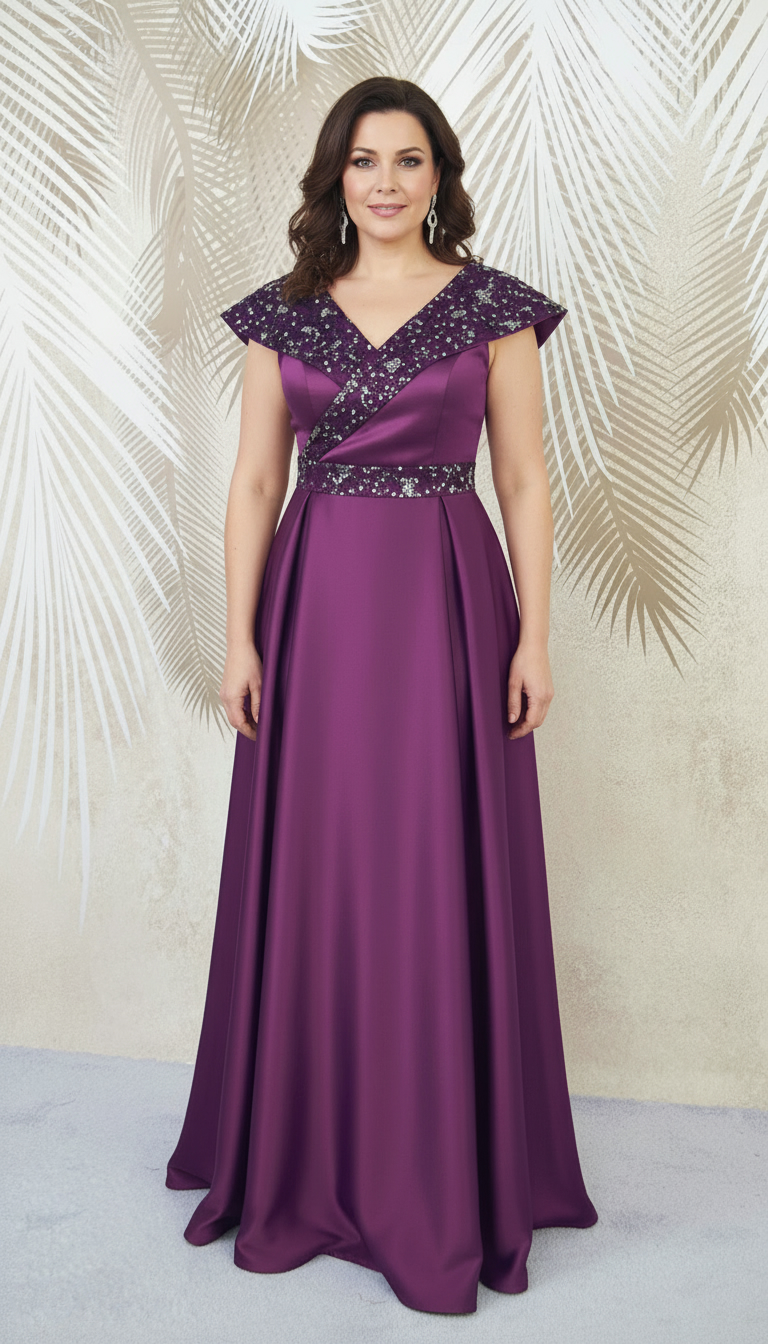 Rochie lunga mov-pruna din tafta si gliter Victoria