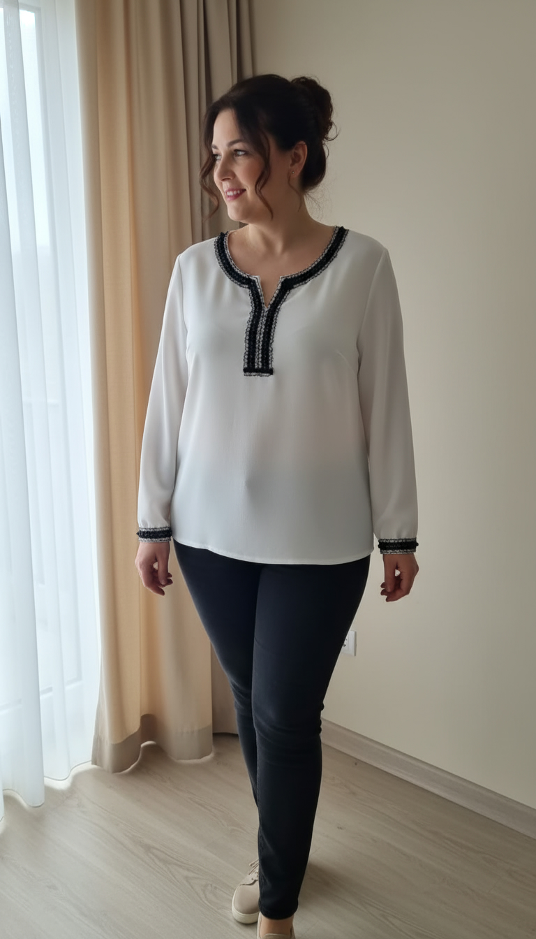 Bluza alba stilizata cu broderie neagra Sofia