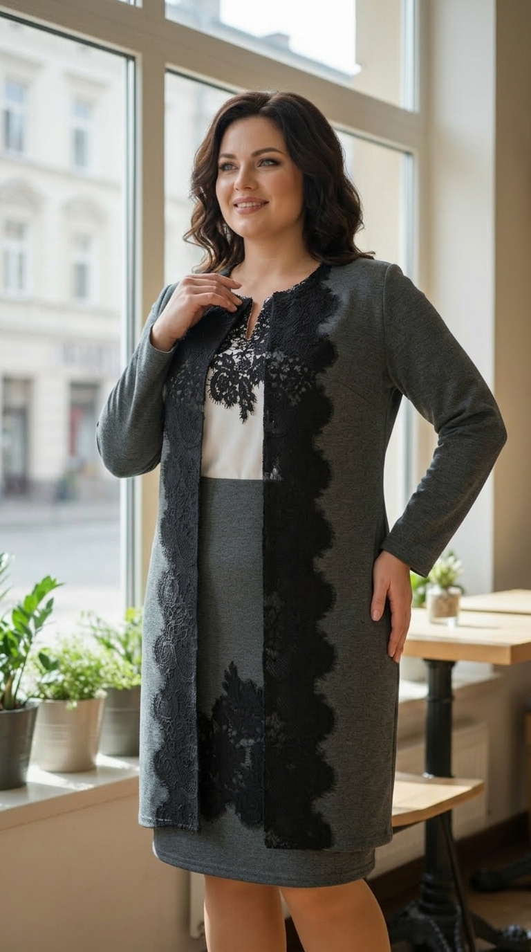 Compleu cardigan si fusta gri cu broderie si cu bluza alba stilizata Nadine