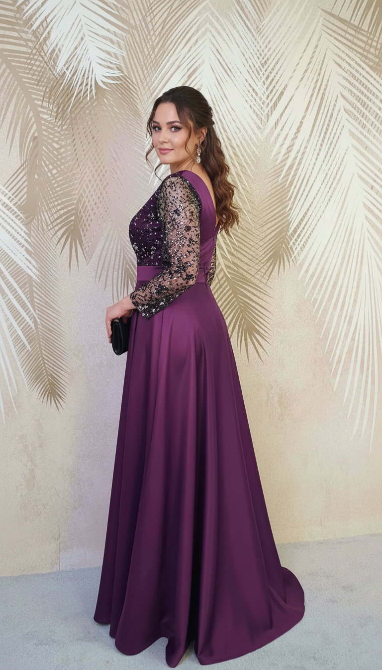 Rochie lunga din tafta mov-pruna cu tulle cu gliter Noelia