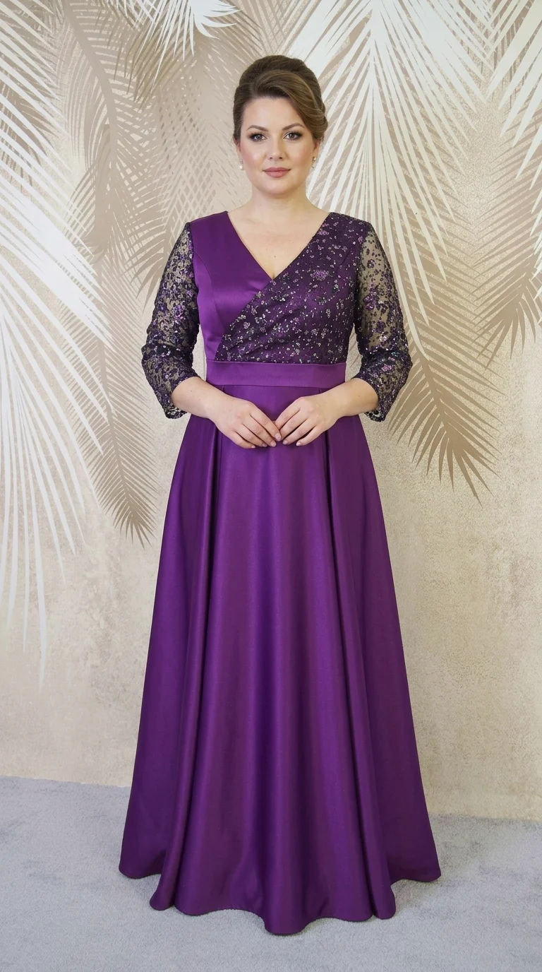 Rochie lunga din tafta mov-pruna cu tulle cu gliter Noelia