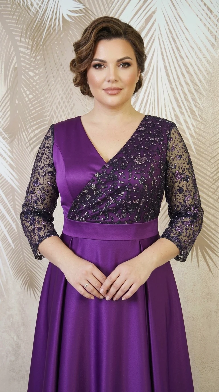 Rochie lunga din tafta mov-pruna cu tulle cu gliter Noelia