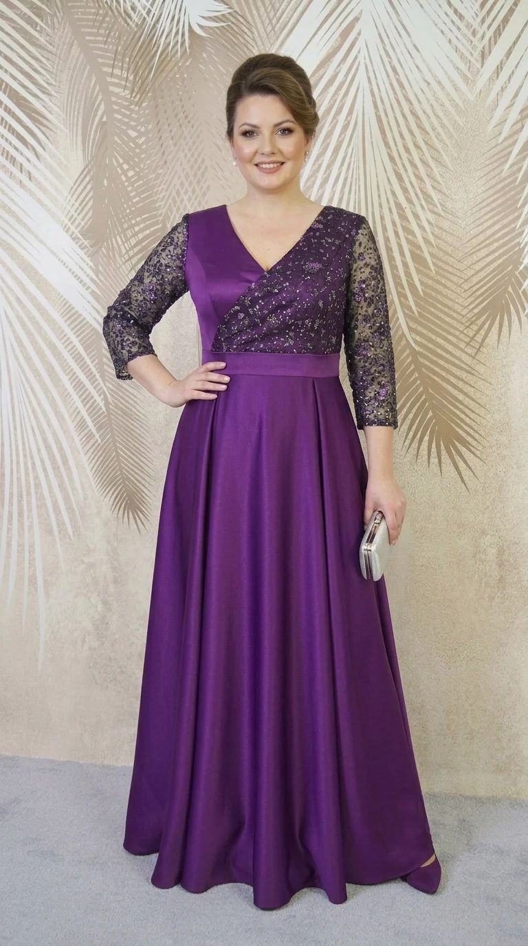 Rochie lunga din tafta mov-pruna cu tulle cu gliter Noelia