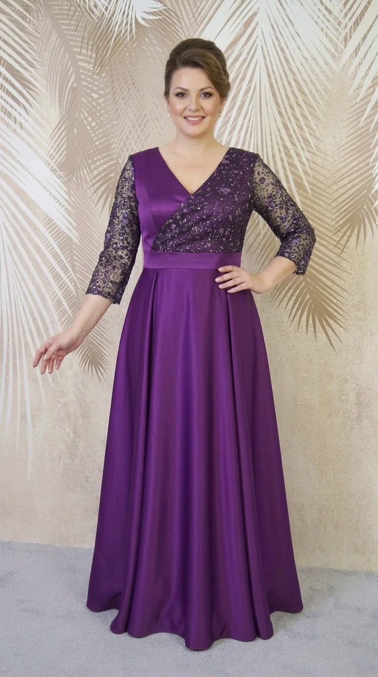 Rochie lunga din tafta mov-pruna cu tulle cu gliter Noelia