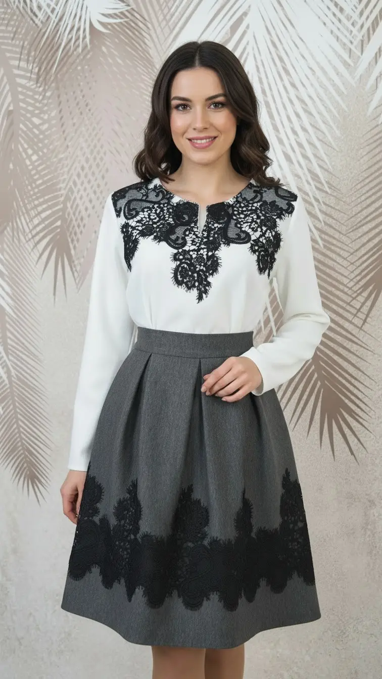 Compleu bluza alba stilizata si fusta in pliuri gri cu broderie Nadine - imagine 3