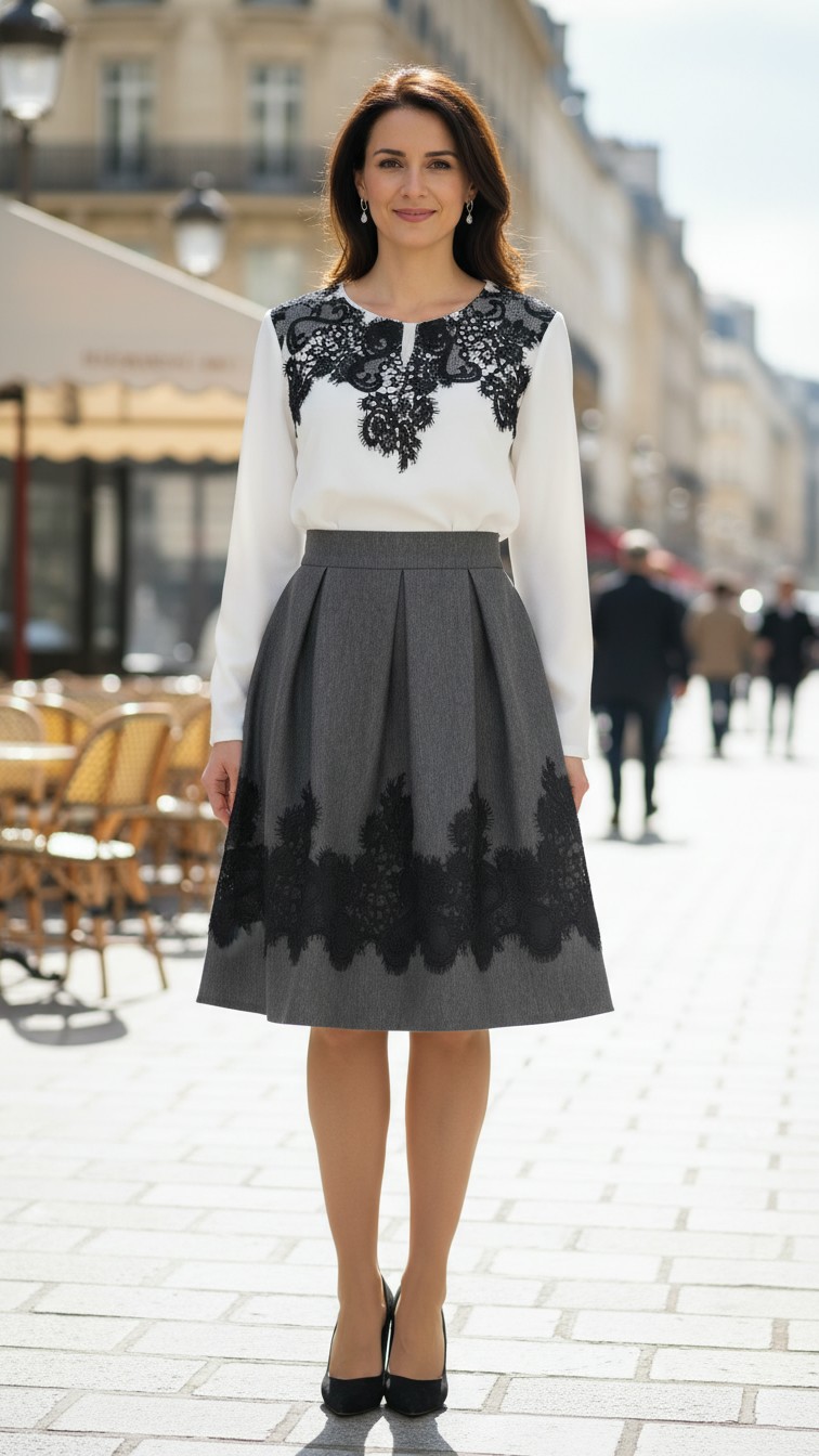 Compleu bluza alba stilizata si fusta in pliuri gri cu broderie Nadine