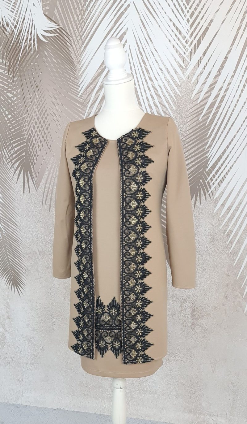 Compleu cardigan bej elegant si rochie bej cu broderie Antonia