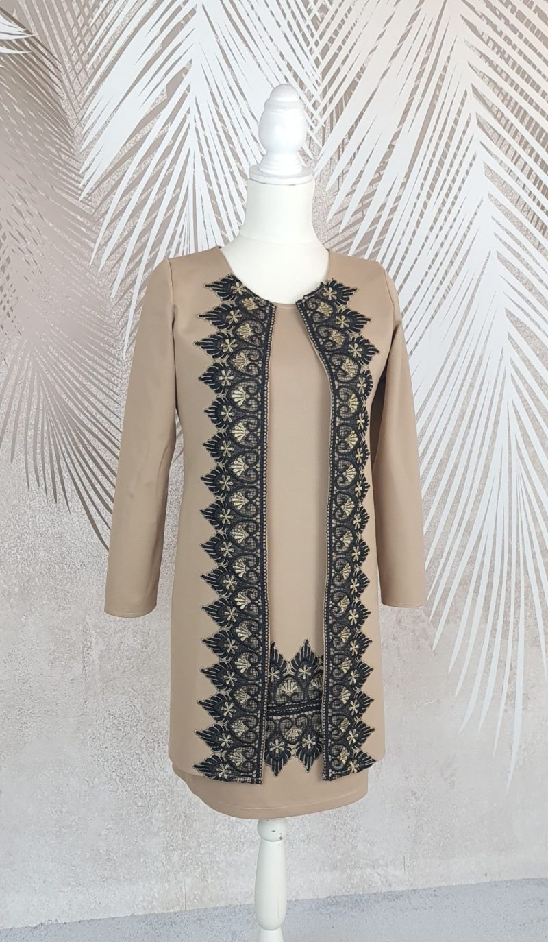 Compleu cardigan bej elegant si rochie bej cu broderie Antonia