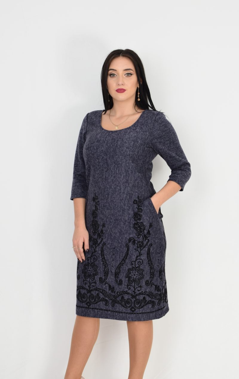Rochie eleganta bleumarin cu broderie Eva