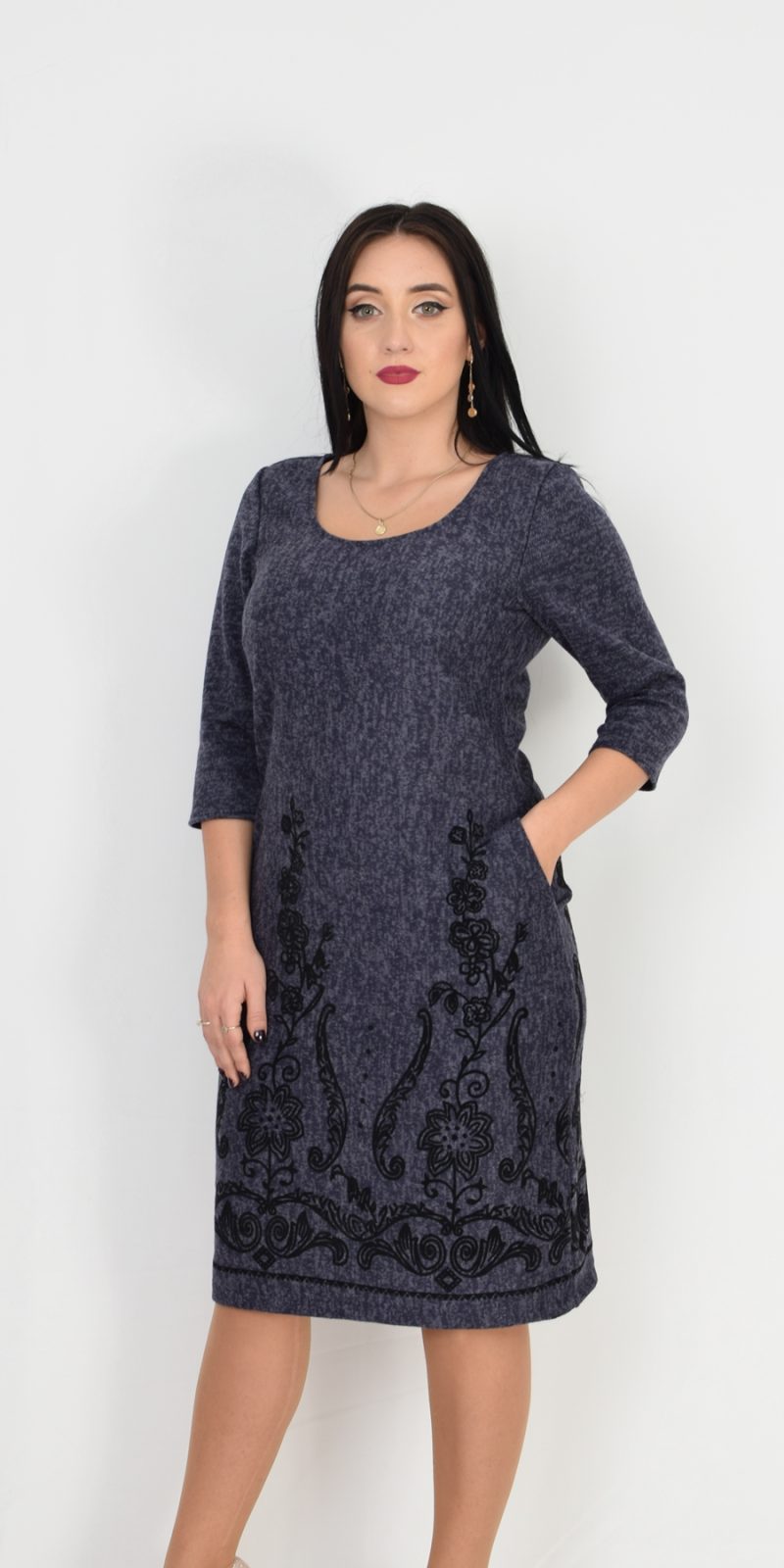 Rochie eleganta bleumarin cu broderie Eva