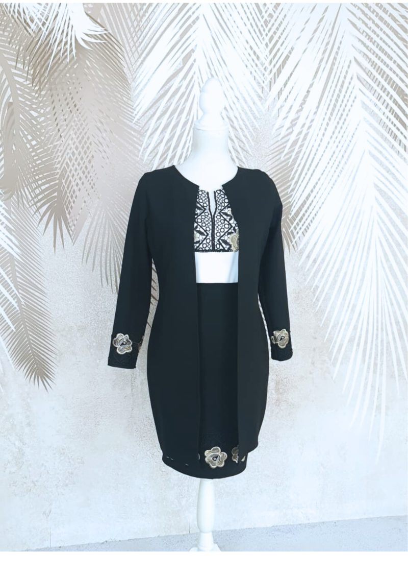 Compleu cardigan si fusta neagra cu broderie si cu bluza alba cu broderie Melania
