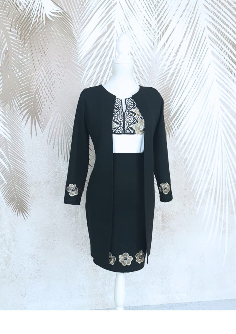 Compleu cardigan si fusta neagra cu broderie si cu bluza alba cu broderie Melania