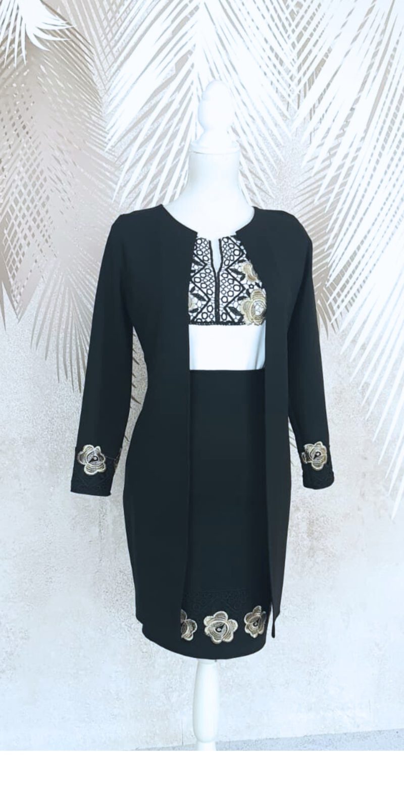 Compleu cardigan si fusta neagra cu broderie si cu bluza alba cu broderie Melania