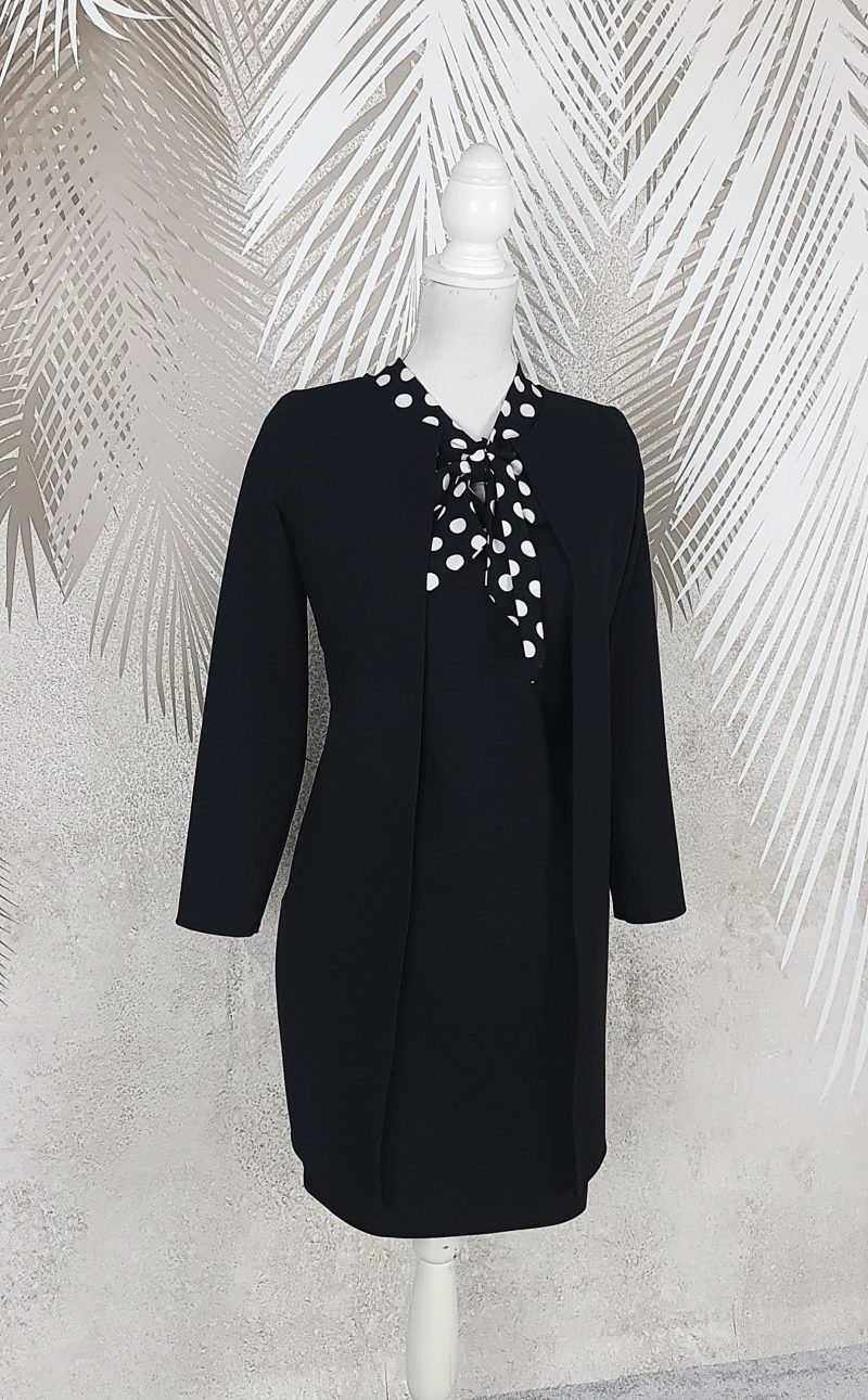 Compleu cardigan negru cu rochie Office cu maneci si esarfa neagra cu buline albe