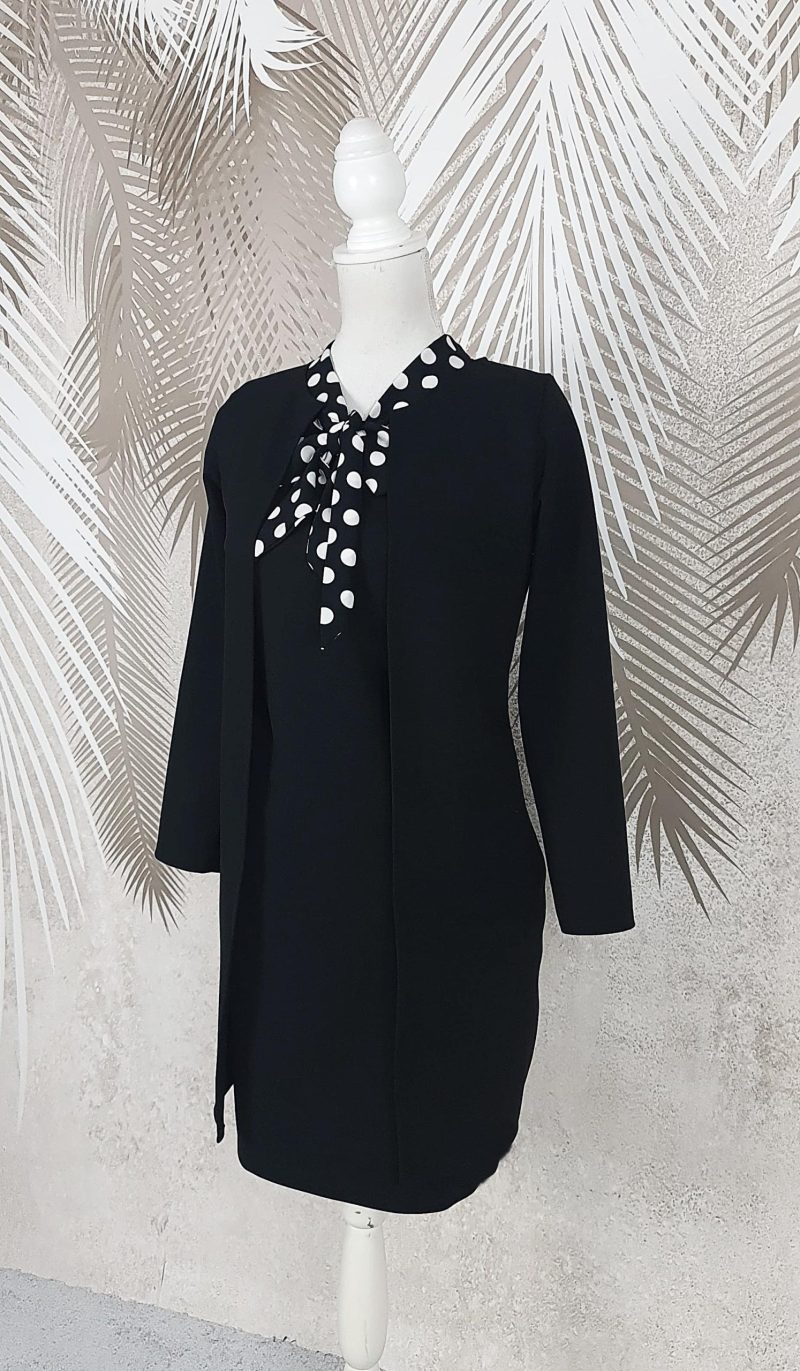 Compleu cardigan negru cu rochie Office cu maneci si esarfa neagra cu buline albe