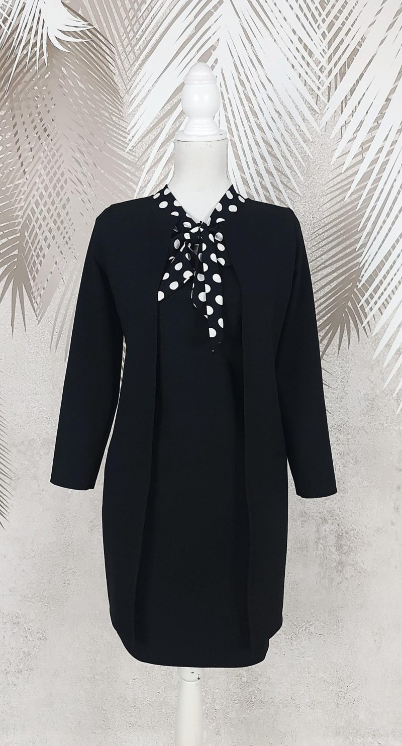 Compleu cardigan negru cu rochie Office cu maneci si esarfa neagra cu buline albe