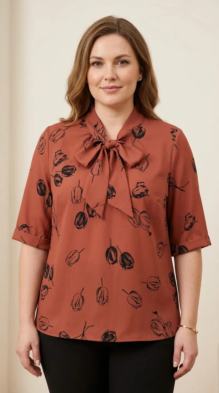 Bluza eleganta maro cu maneci scurte si cu lalele