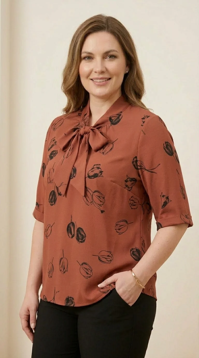 Bluza eleganta maro cu maneci scurte si cu lalele