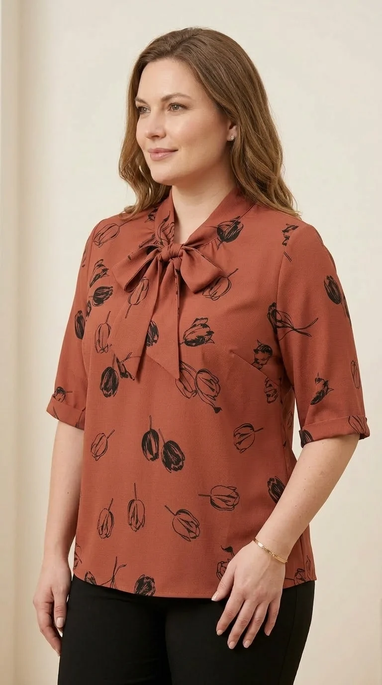 Bluza eleganta maro cu maneci scurte si cu lalele