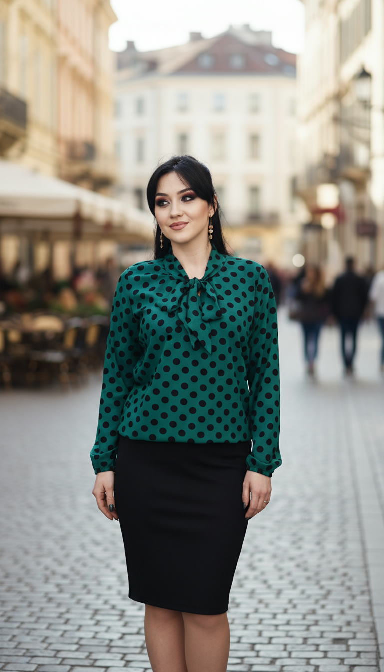 Compleu bluza verde cu buline si fusta neagra