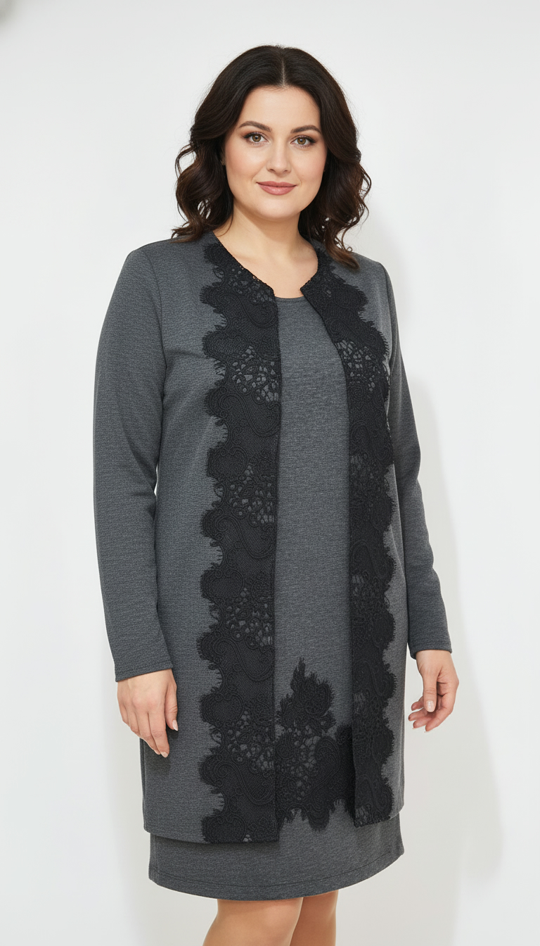 Compleu elegant gri cu broderie Nadine