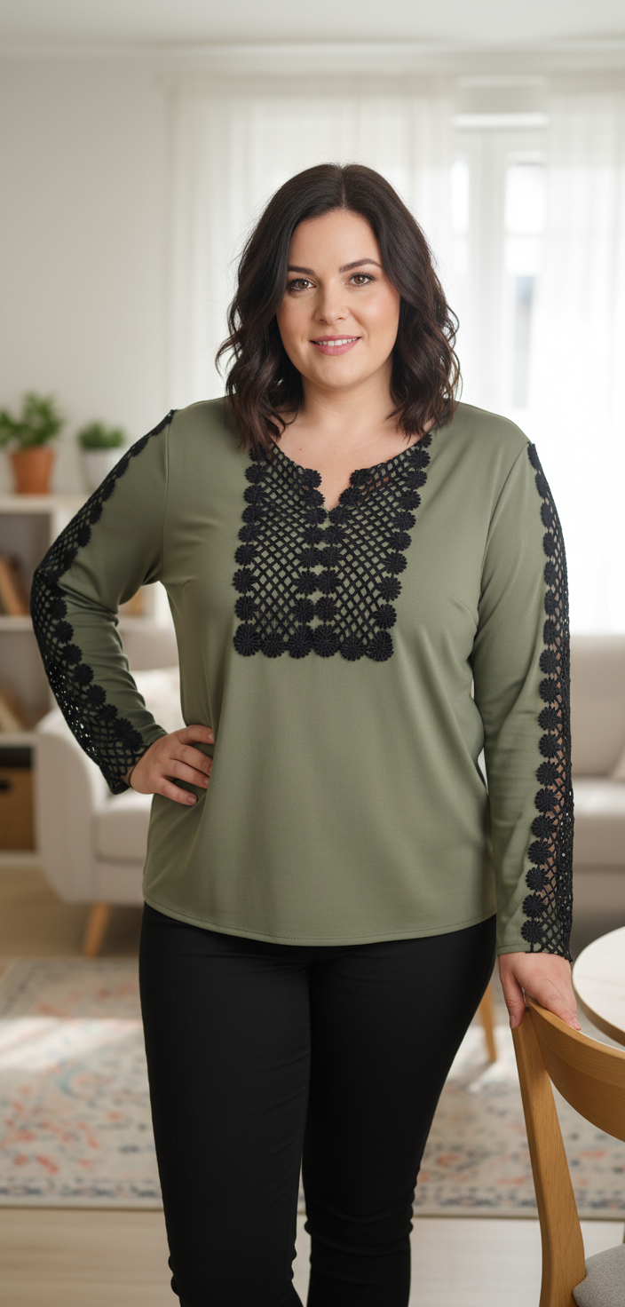 Bluza eleganta kaki cu broderie neagra Ema