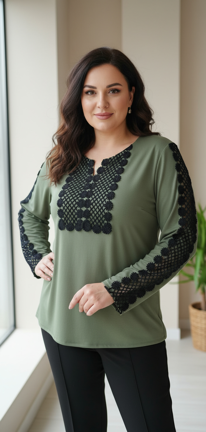 Bluza eleganta kaki cu broderie neagra Ema