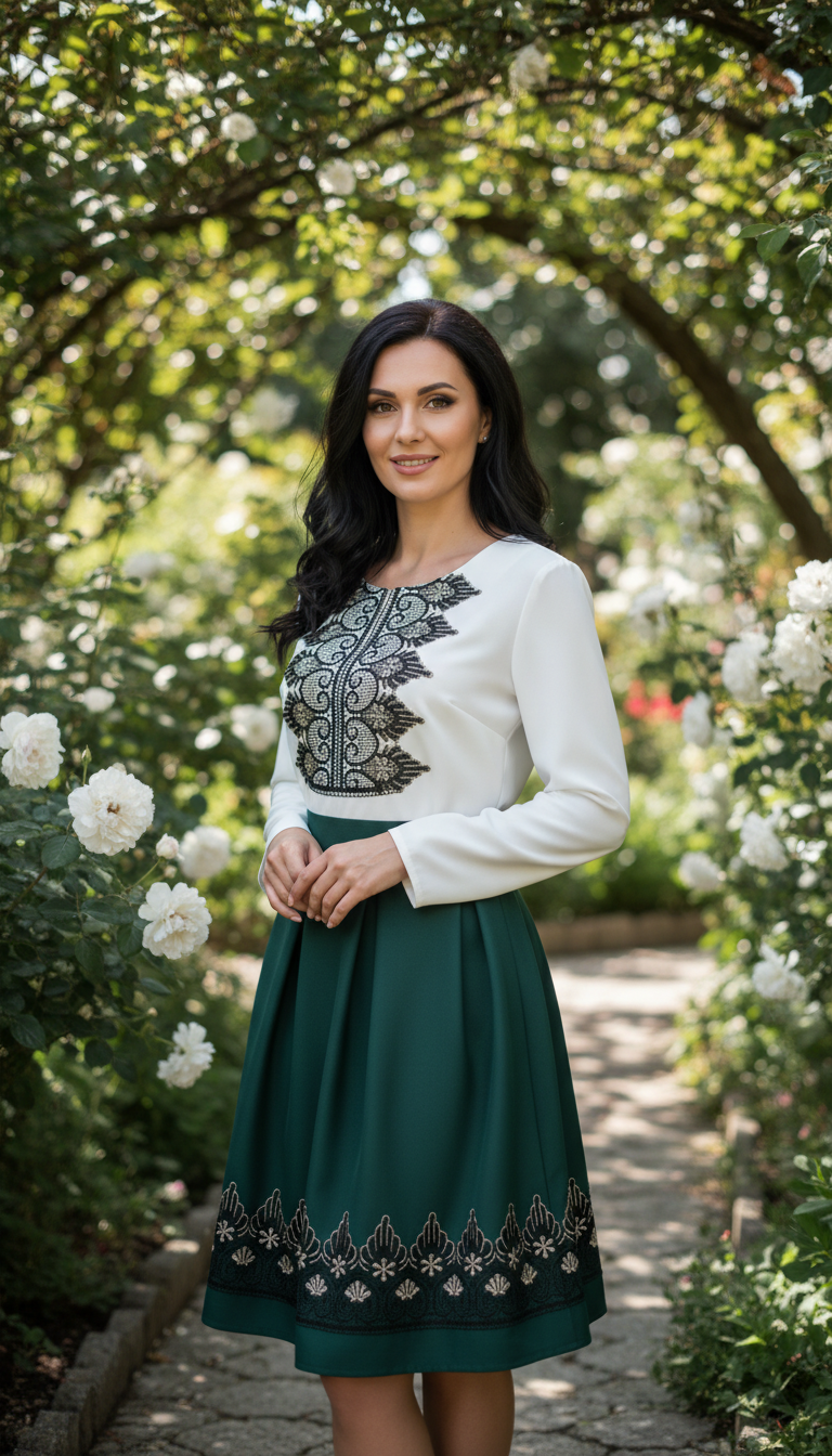Compleu bluza alba stilizata si fusta verde in pliuri cu broderie Eva