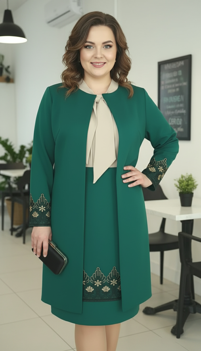 Compleu cardigan si fusta verde cu broderie Eva si cu bluza bej cu esarfa