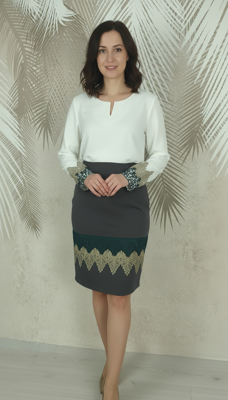 Compleu bluza alba stilizata si fusta gri cu broderie Carina