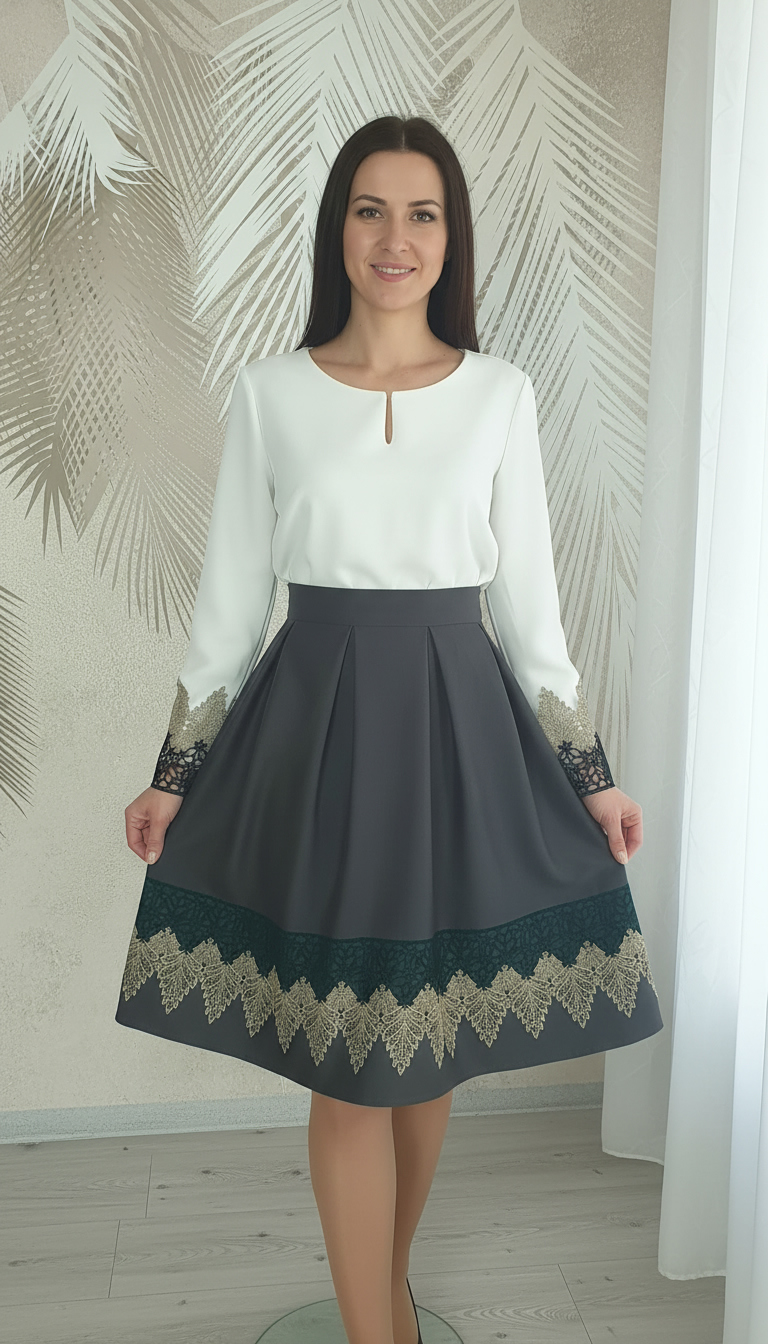 Compleu bluza alba stilizata si fusta gri in pliuri cu broderie Carina