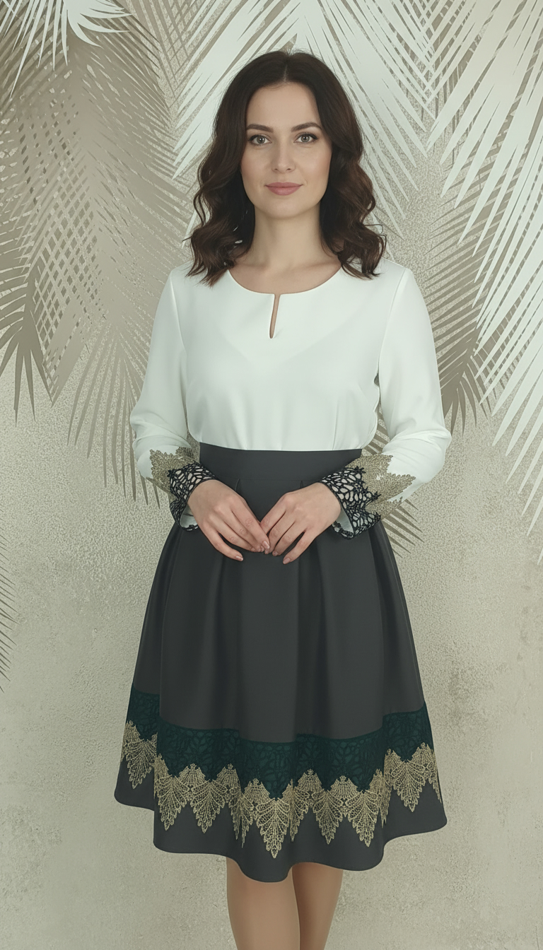 Compleu bluza alba stilizata si fusta gri in pliuri cu broderie Carina