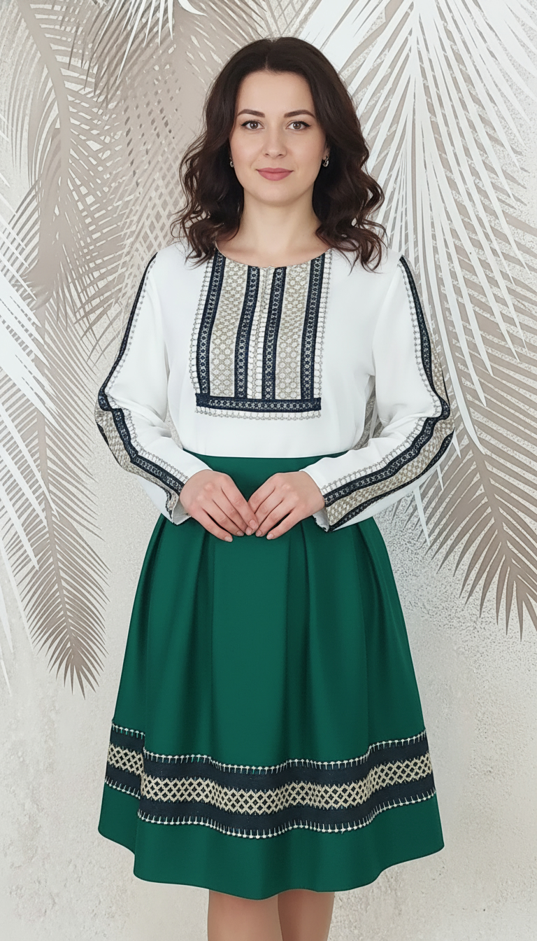 Compleu bluza alba stilizata si fusta verde in pliuri cu broderie Ilinca