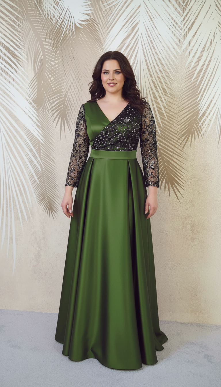 Rochie lunga din tafta kaki cu tulle cu gliter Noelia