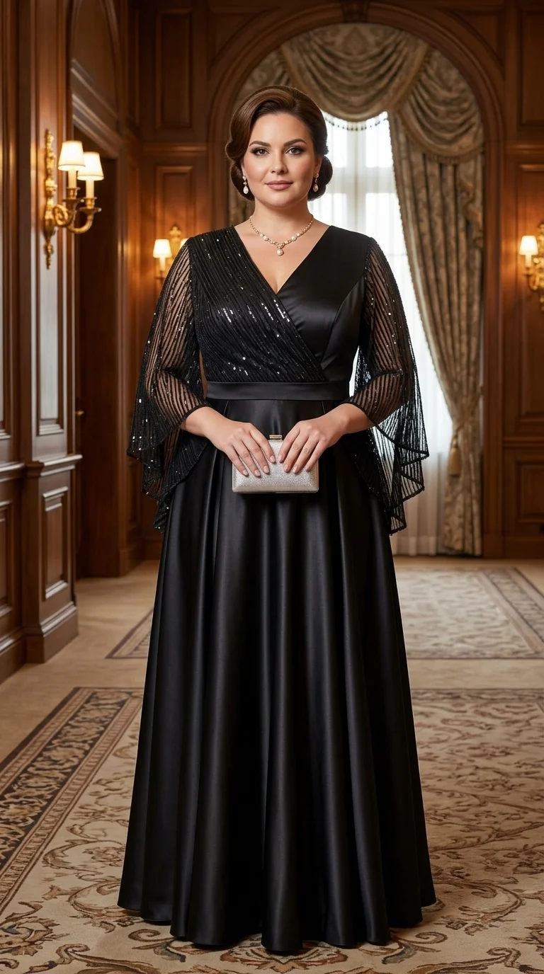 Rochie lunga din tafta neagra cu tulle plisat cu paiete Nicole
