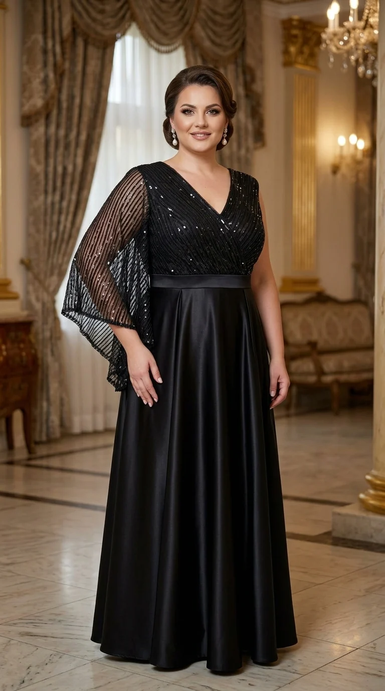 Rochie lunga din tafta neagra cu tulle plisat cu paiete Nicole