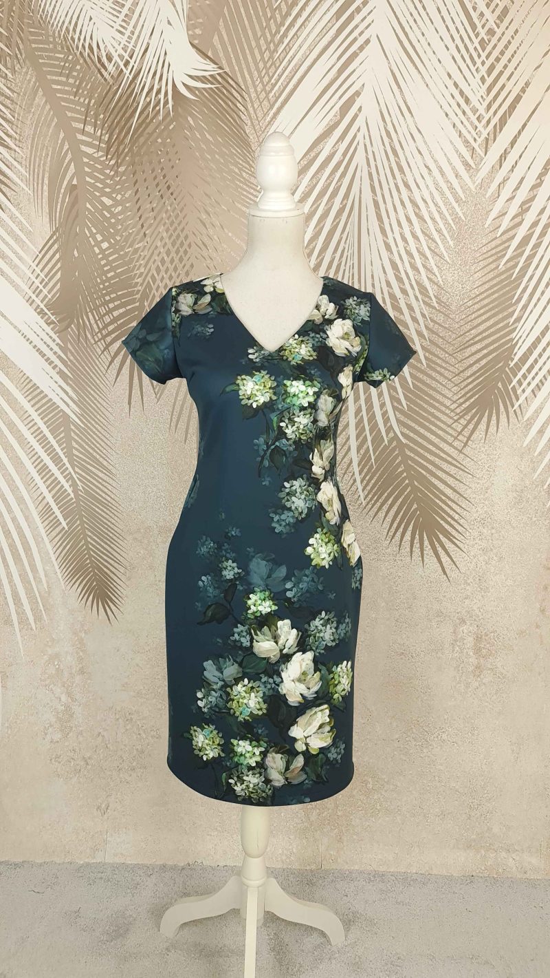 Rochie croi larg verde-turcoaz cu flori Serena
