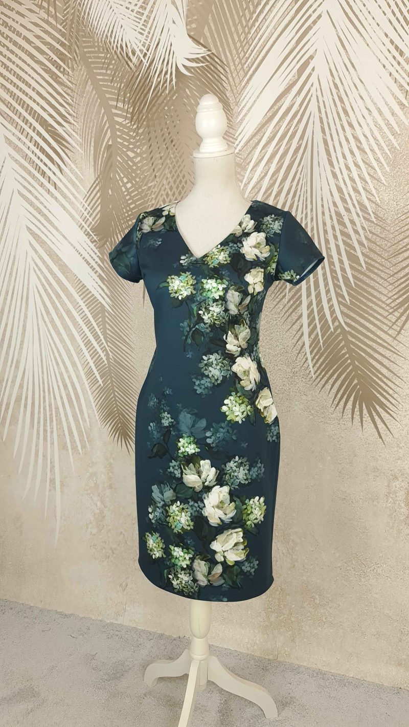 Rochie croi larg verde-turcoaz cu flori Serena