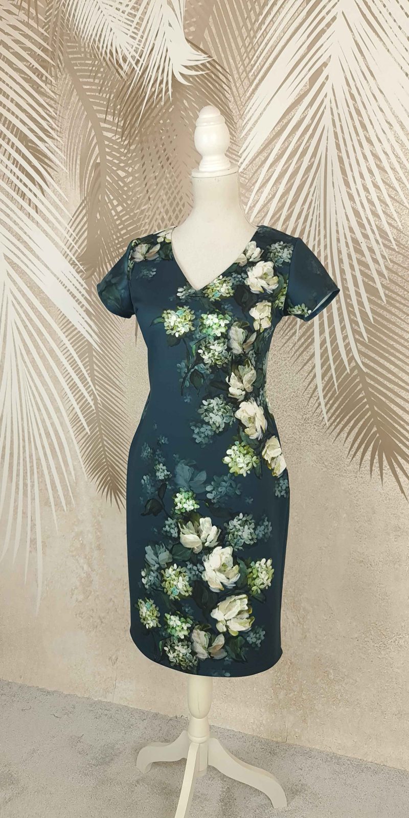 Rochie croi larg verde-turcoaz cu flori Serena