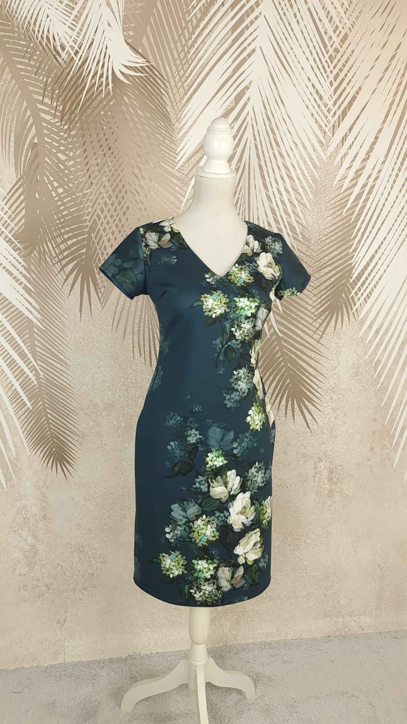 Rochie croi larg verde-turcoaz cu flori Serena